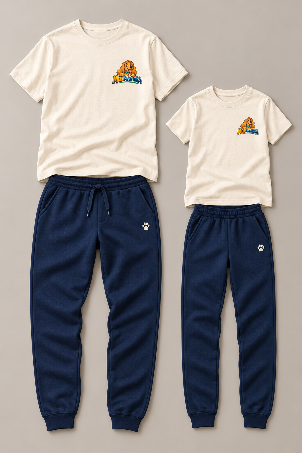 Conjuntos familiares MELOAVENTURA: camiseta cruda con Caramelo y jogger azul profundo, en versiones adulta e infantil.