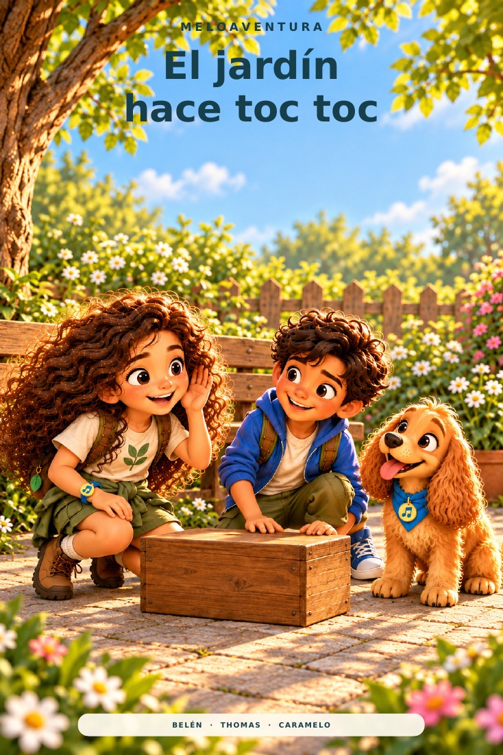 Portada original de El jardín hace toc toc: Belén, Thomas y Caramelo escuchan junto a una caja de madera en el jardín.