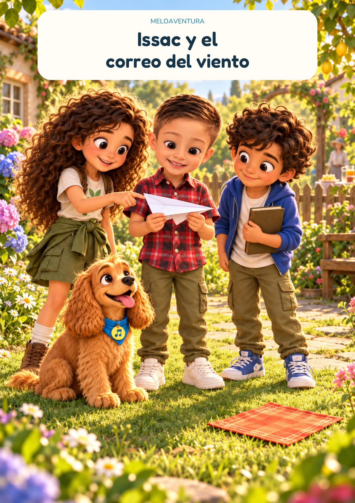 Portada de Issac y el correo del viento, junto a Belén, Thomas y Caramelo.
