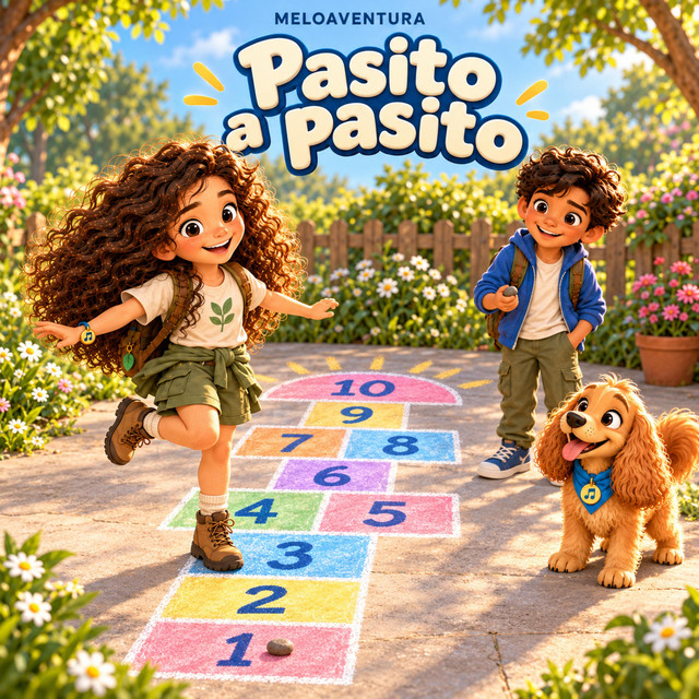 Portada oficial de Pasito a Pasito: Belén, Thomas y Caramelo junto a una golosa.