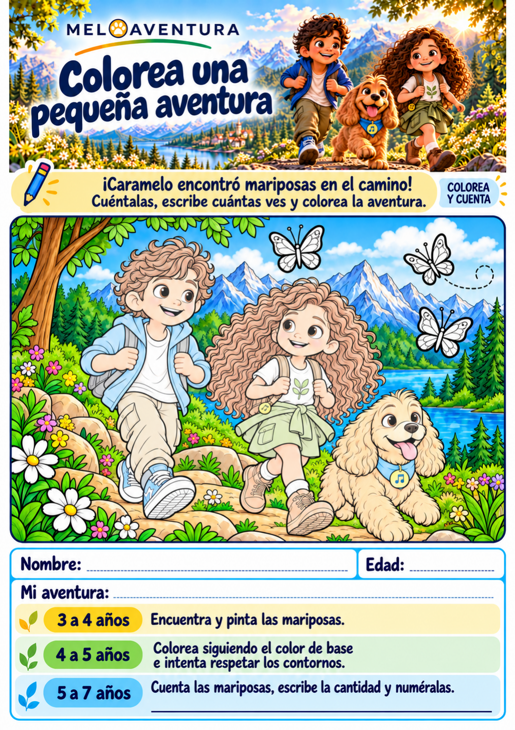 Página Colorea una pequeña aventura: Belén, Thomas y Caramelo con mariposas y zonas para colorear.