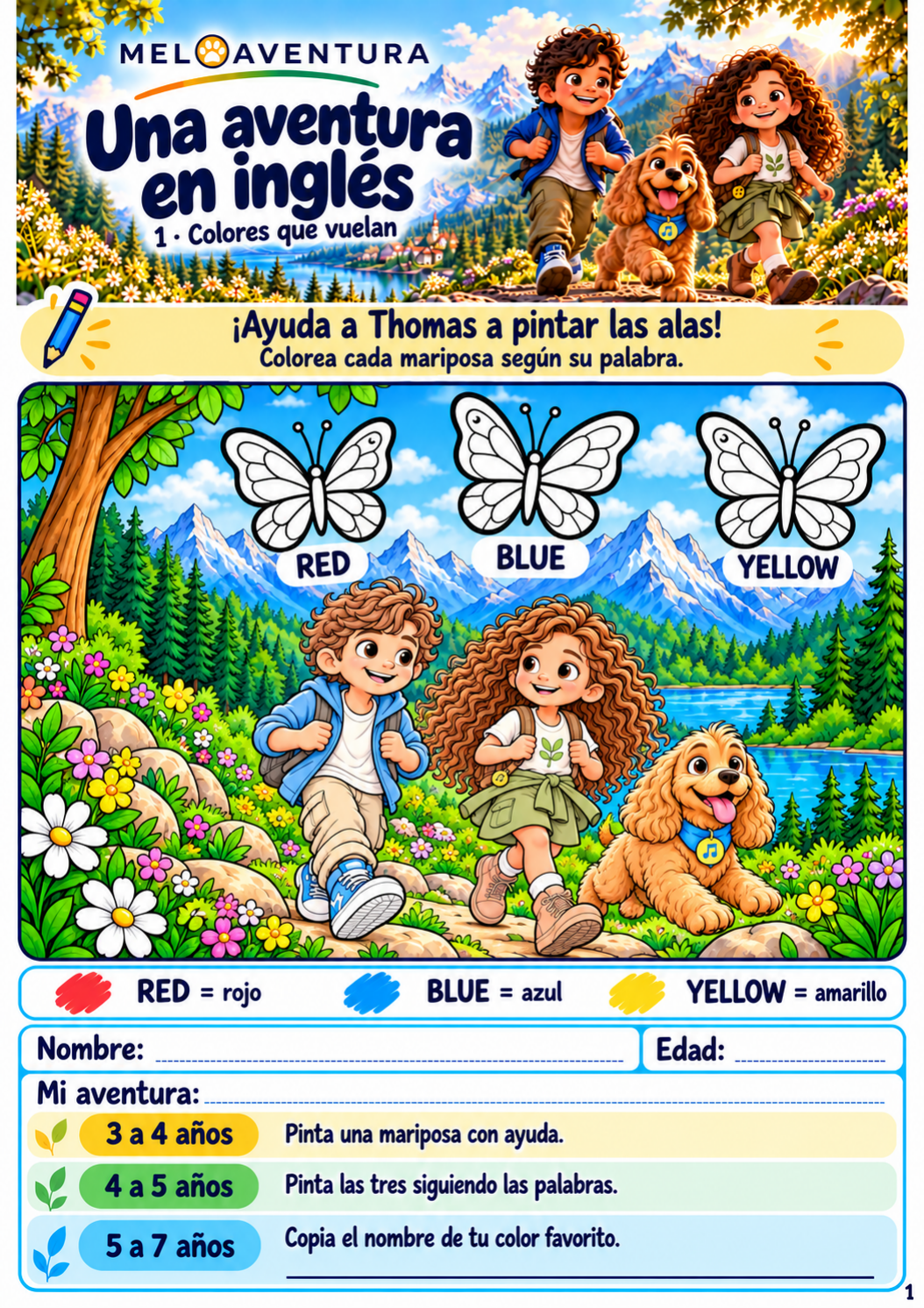 Página Colores que vuelan: mariposas con las palabras RED, BLUE y YELLOW, acompañadas de Thomas, Belén y Caramelo.