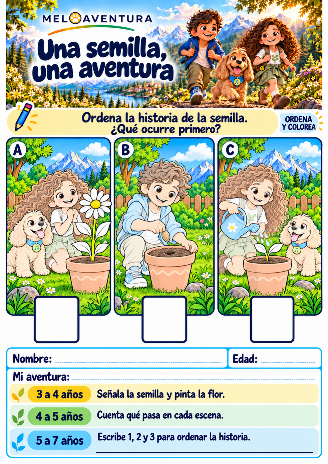 Página Una semilla, una aventura: actividad para ordenar la historia de una semilla con los personajes de MELOAVENTURA.